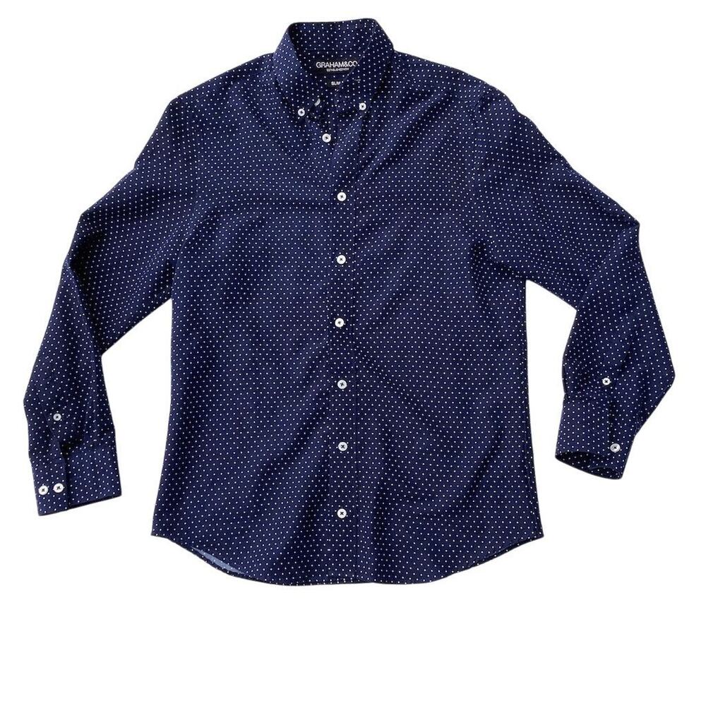GRAHAM&CO Men's Slim‎ Fit Polka Dot Long Sleeve Shirt Blue S P